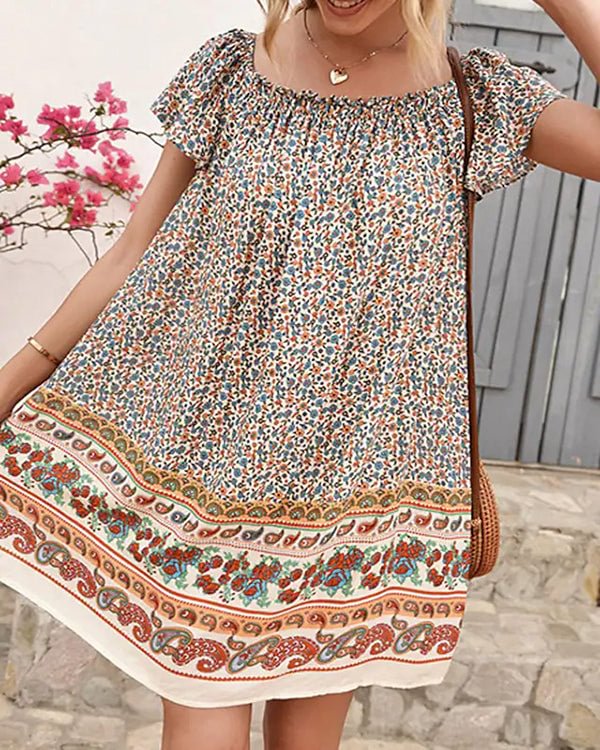 Cropped Off-the-shoulder Mini Boho Floral Dress - Chicaggo