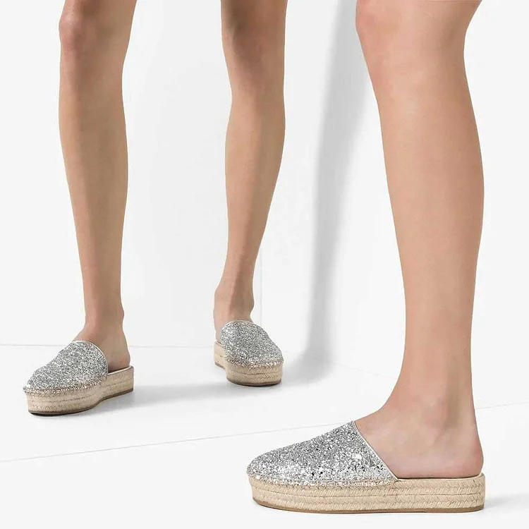Silver Glitter Round Toe Espadrille Platform Mules |FSJ Shoes