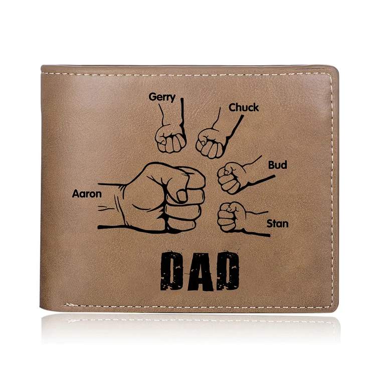 5 Names - Personalized Men Leather Wallet Custom Photo & Name Folding Wallet Fist Bump Wallet Gift for Dad