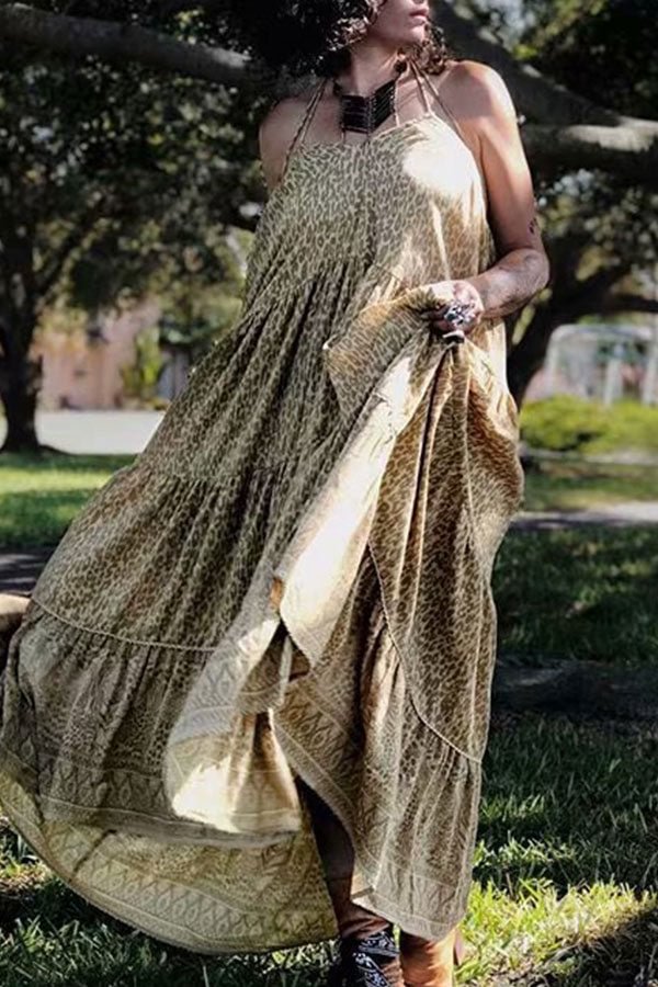 Leopard Print Halter Maxi Dress - Life is Beautiful for You - SheChoic
