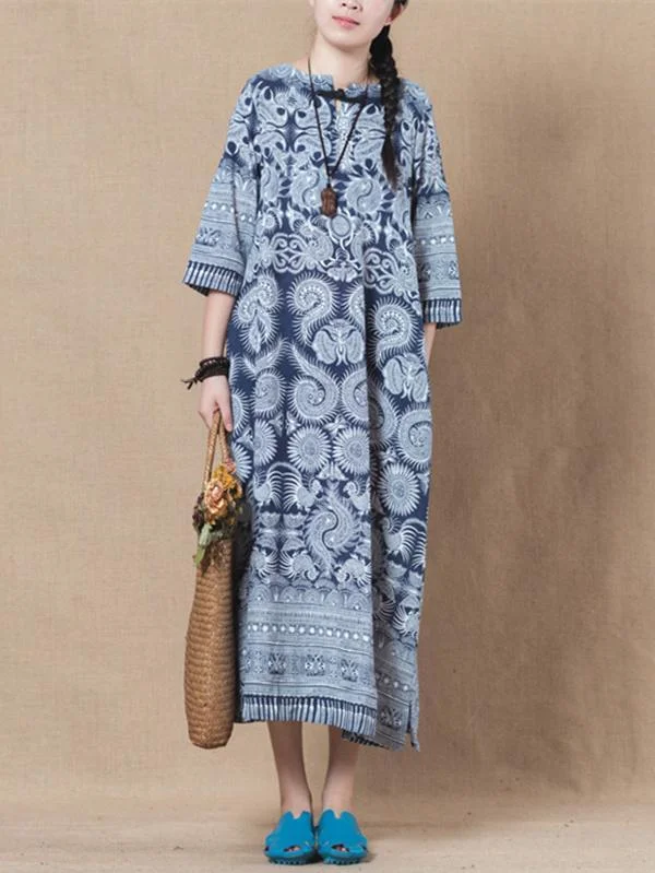 Blue Batik Linen 3/4 Sleeves Long Dress
