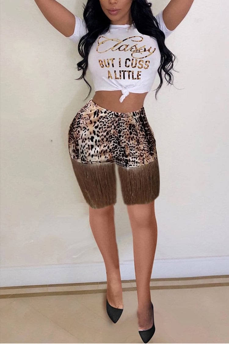 Letter Printed Top Leopard Short Set - BlackFridayBuys
