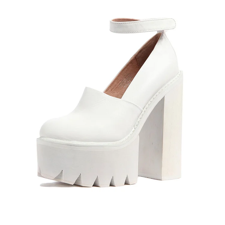 Custom Made White Ankle Strap Chunky Heel Platform Pumps Shoes |FSJ Shoes