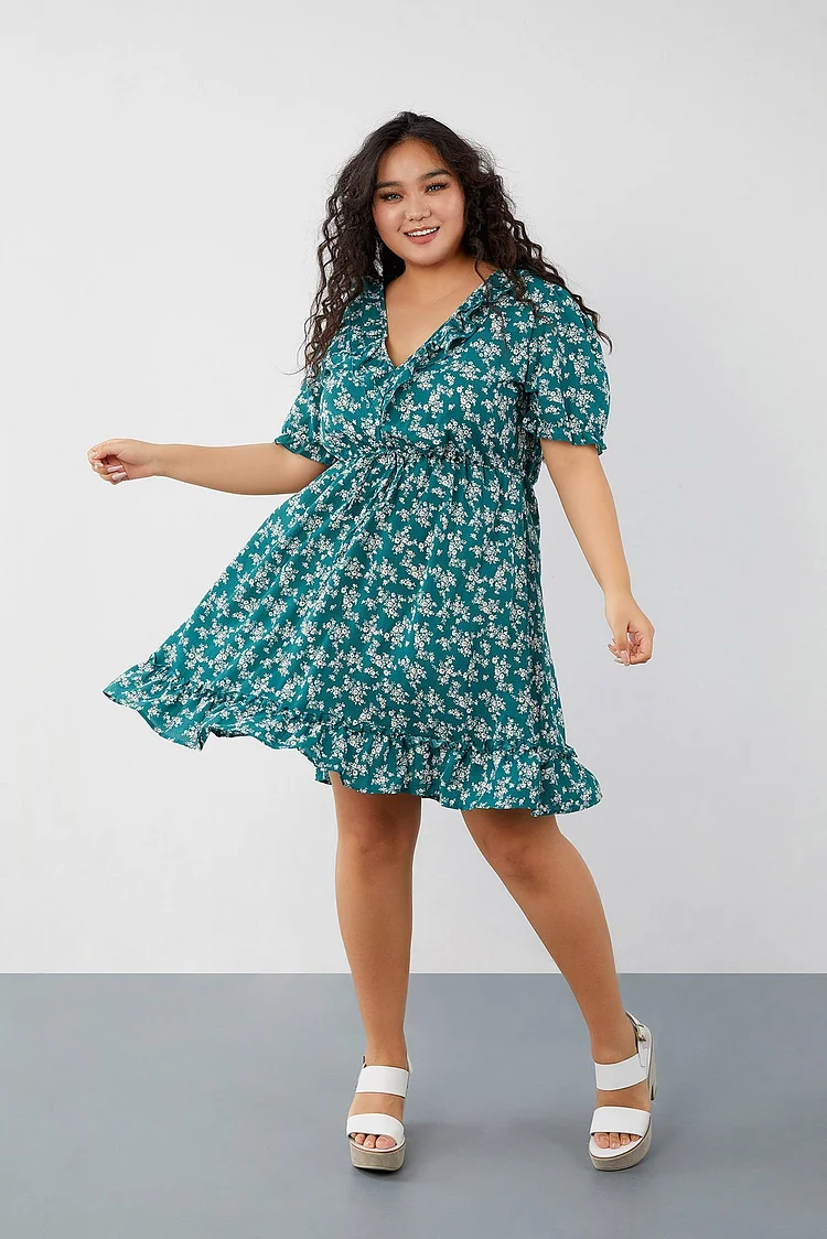 Green Ruffle-detailing Short-sleeved Mini Dress P12195