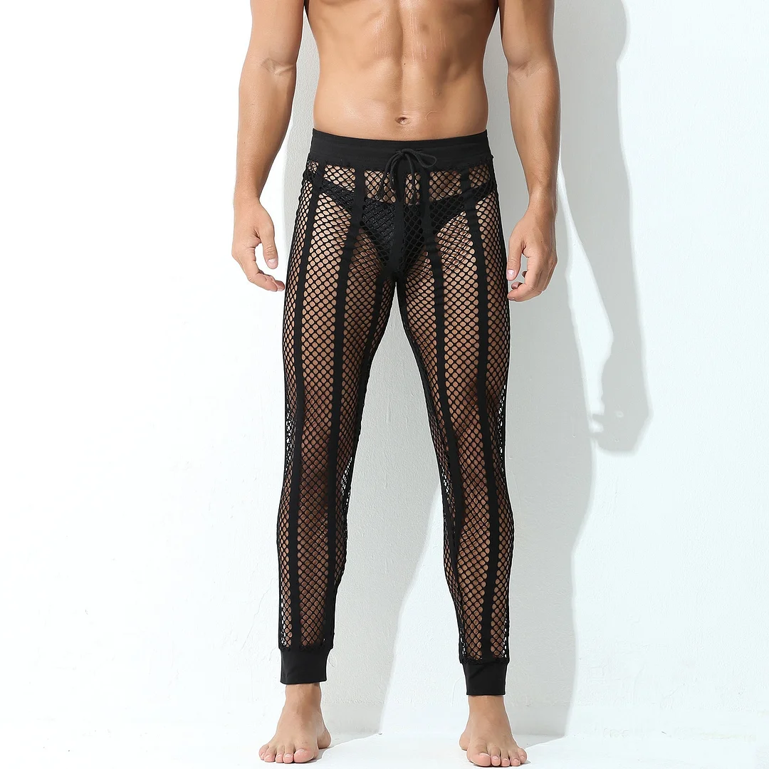 Aonga  Men's Trousers Breathable Striped Mesh Bottoms See Through Hollow Out Hole Pants Exotic Low Rise Legging Nightwear