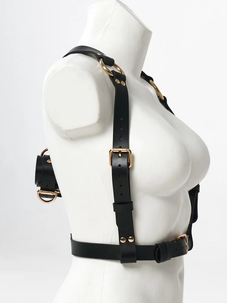 pornhint Pornhint Leather chest harness for women, Harness and cuff, Chest harness cuffs, Leather wrist cuff soft, Harness top women, Harness with handcuffs leather body harnesses for women