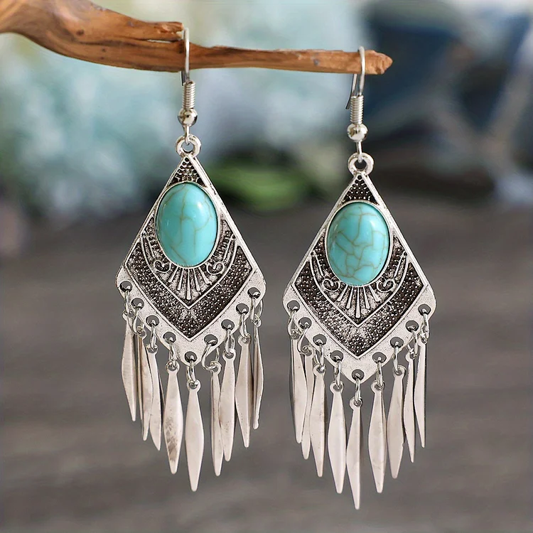 Bohemian Vintage Ethnic Style Turquoise Design Hook Earrings Zinc Alloy Silver Plated Jewelry Female Gift