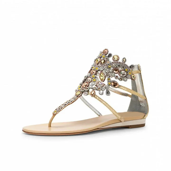 Gold Open Toe Flats Multicolor Rhinestone T-Strap Wedding Sandals |FSJ Shoes