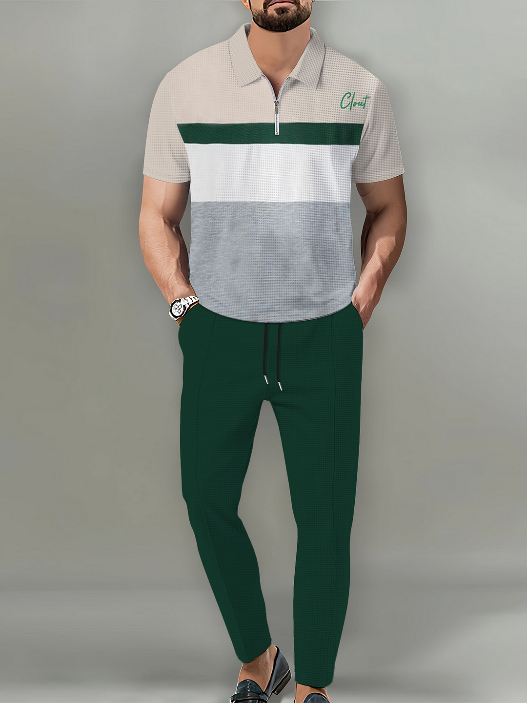 Men's Casual Color Block Letter Polo Shirt and Trousers Two Piece Set 010