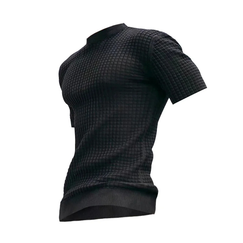 Men's new small square lattice t-shirt round collar casual half-sleeve top