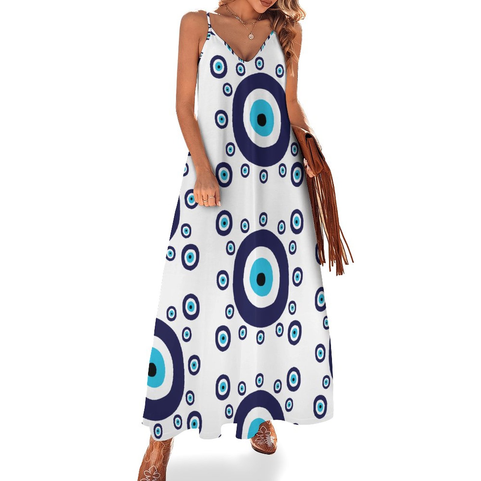 Beach Boho Mediterranean Blue Evil Eye Women's Casual Strappy V Neck Sleeveless Flowy Loose Long Maxi Beach Dress Sundress Blue-XL