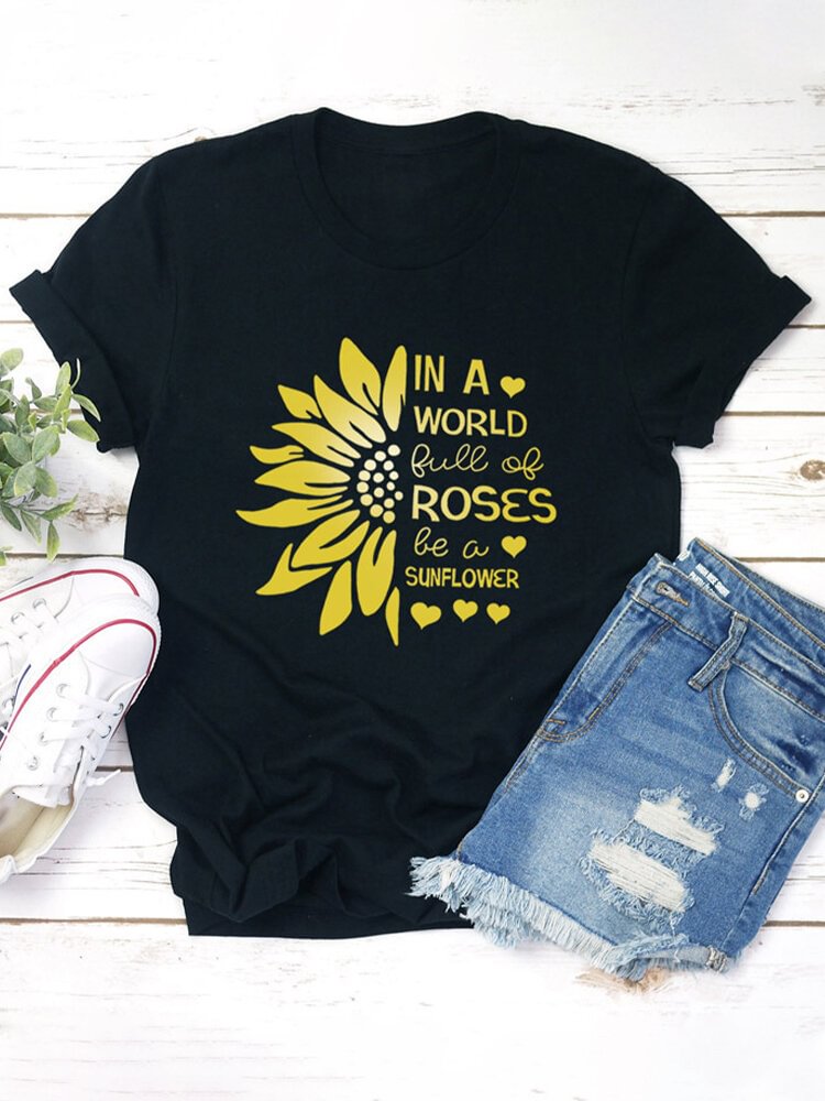 Printed Floral Letter Short Sleeve O Neck Casual T shirt P1666226