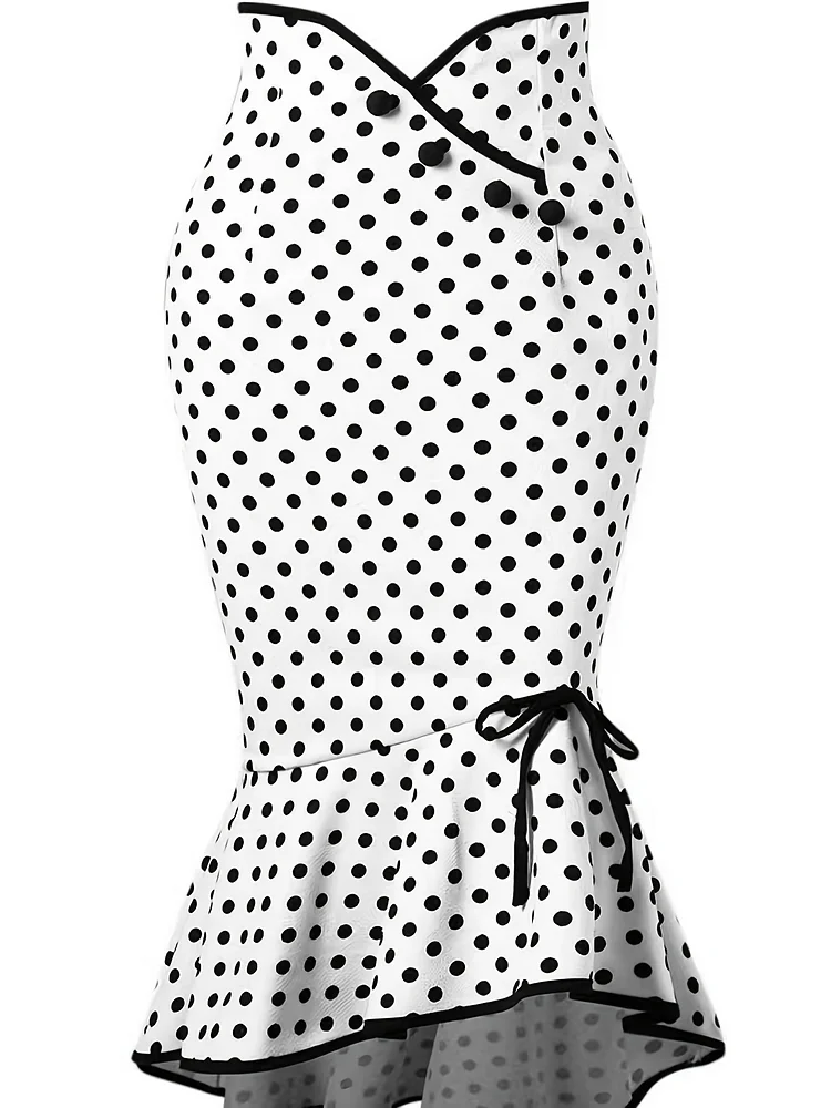 Polka Dot Bodycon Button Lace Up Skirts, Sexy Mature Fishtail Party Skirts, Women's Clothing