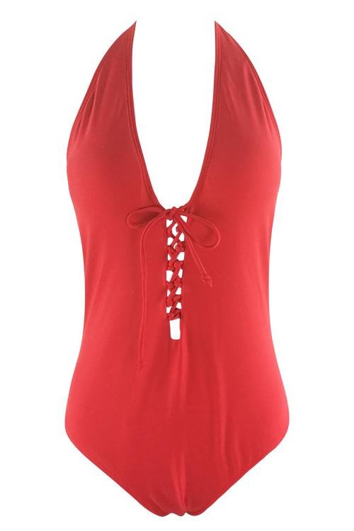 Red Halter Strappy Lace Up Braided Crisscross Sexy One Piece Swimsuit - Shop Trendy Women's Clothing | LoverChic