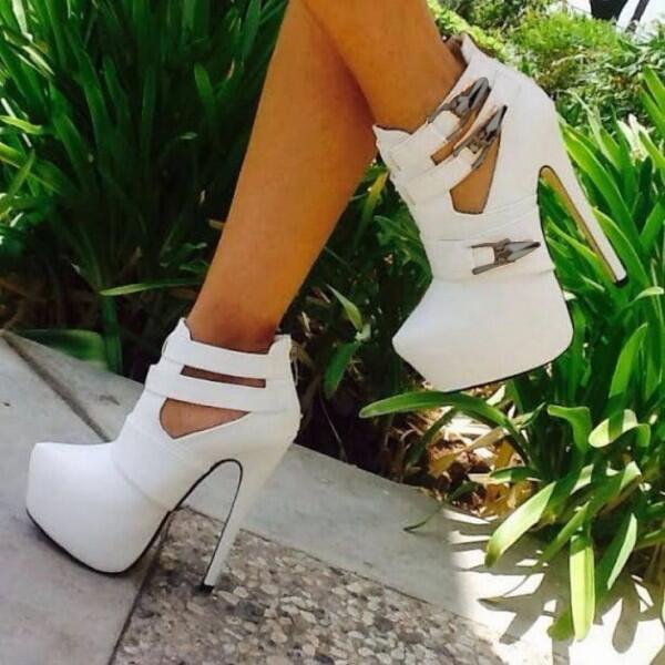 White Cut Out Boots Closed Toe Stiletto Heel Buckles Platform Boots |FSJ Shoes