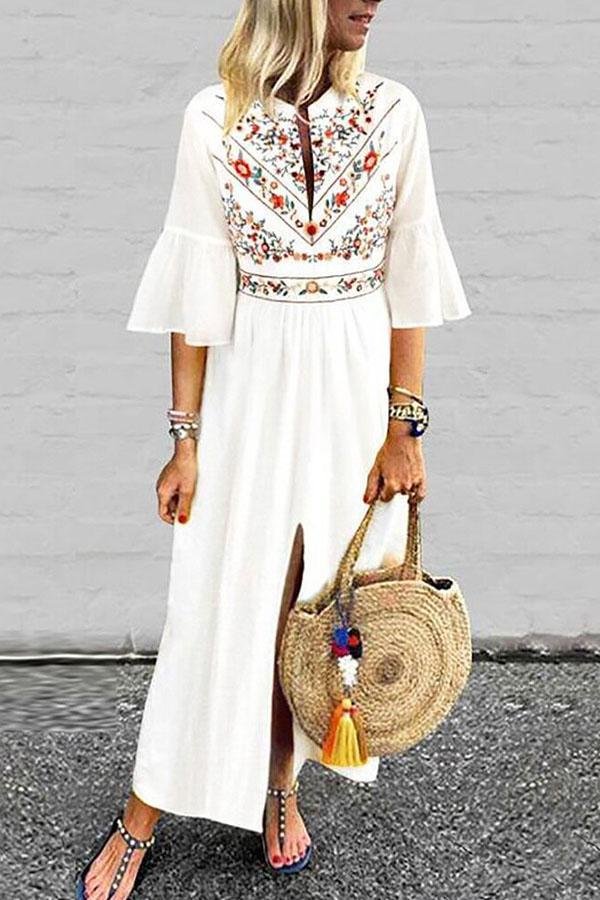 Ethnic Style Loose Mid-Sleeve Print Stitching A-Line Dress P11443