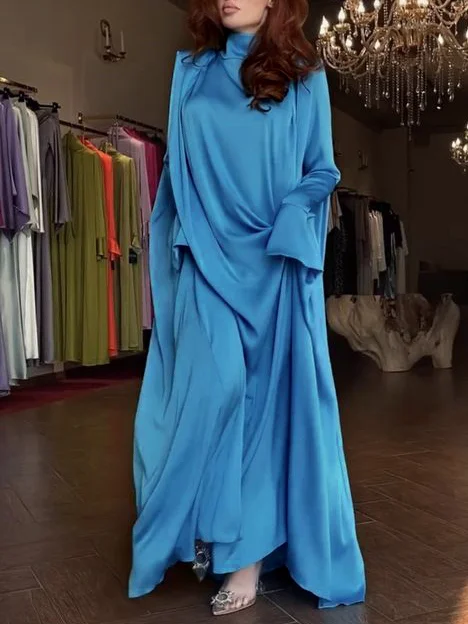 Flared Sleeves Long Sleeves Solid Color High-Neck Maxi Dresses