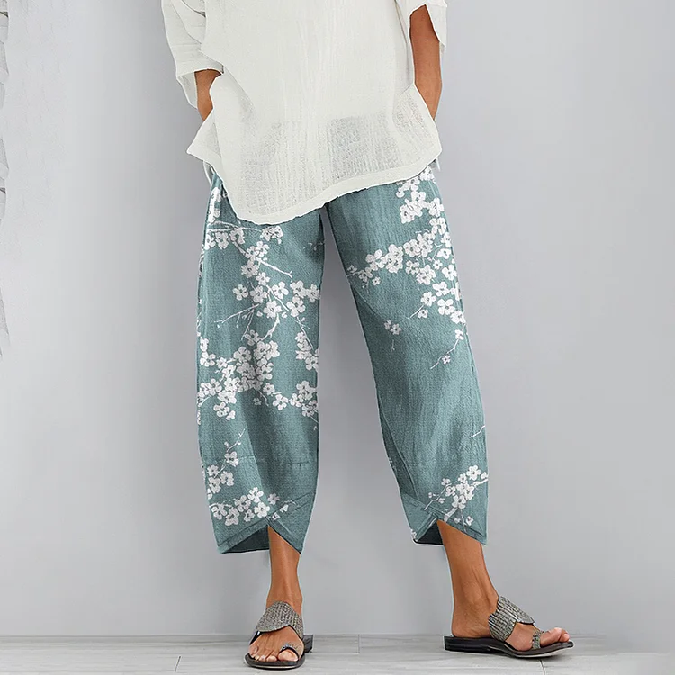 Comstylish Cherry Blossom Print Loose Casual Pants