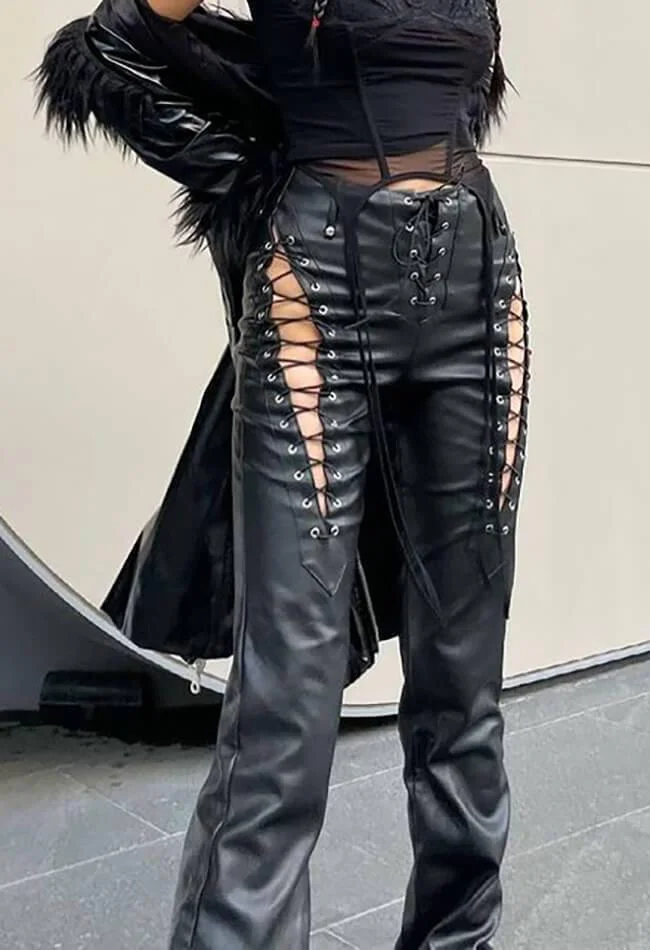 Cut-out Lace Up Pu Leather Pants