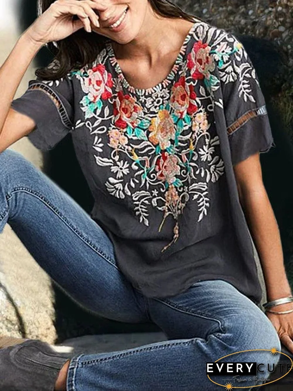 Round Neck Floral Casual Short Sleeve Summer T-shirt