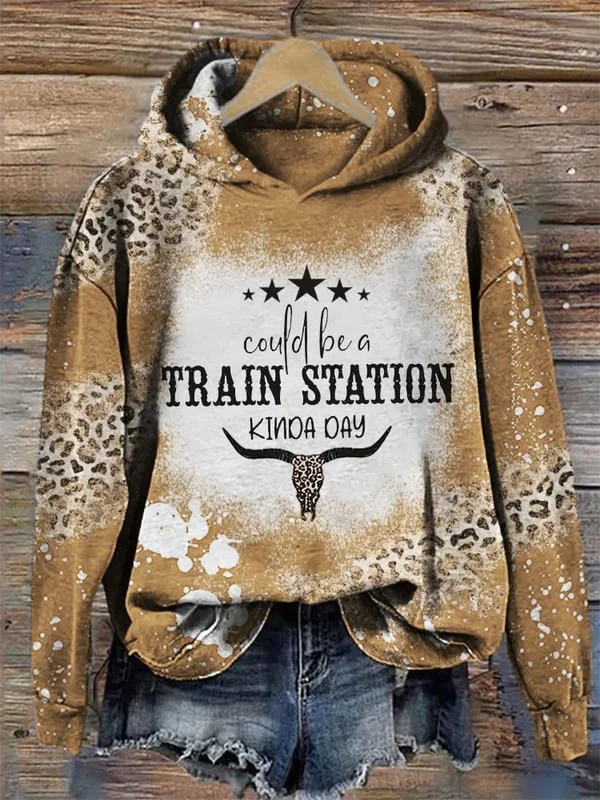 Women's Could Be A Train Station Kinda Day Leopard Bleached Print Hoodie
