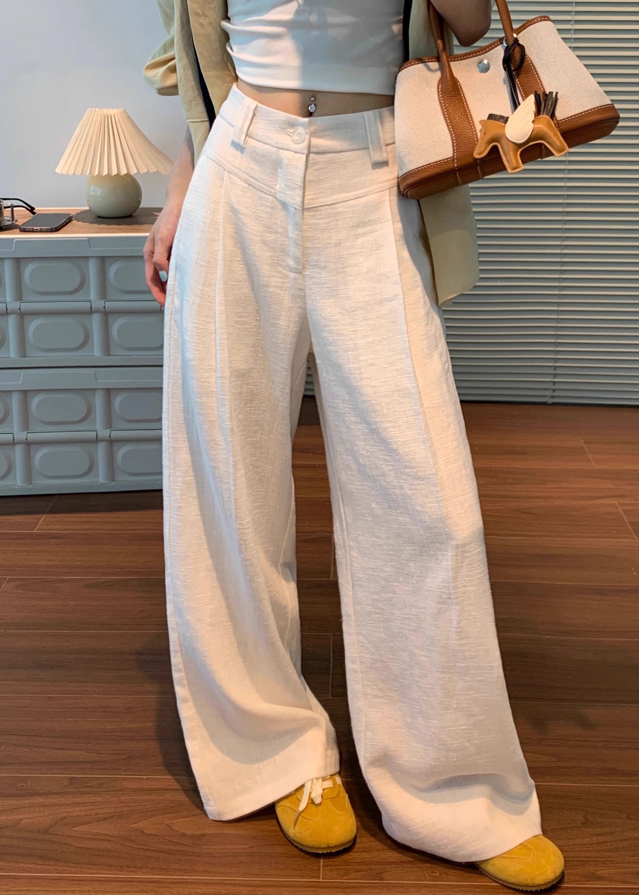 Sarah Ribbed Waist Linen Pant White