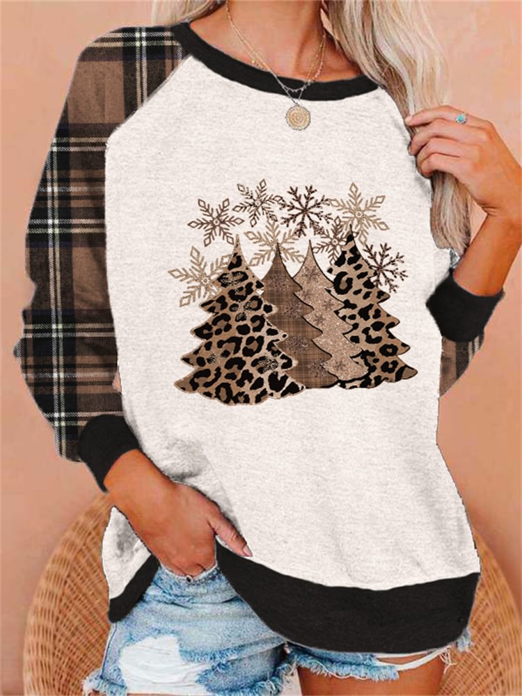 Comstylish Leopard Christmas Trees Plaid Patchwork Sweatshirt