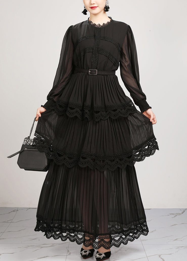French Black Turtleneck Dot Lace Up Chiffon Long Dress Summer
