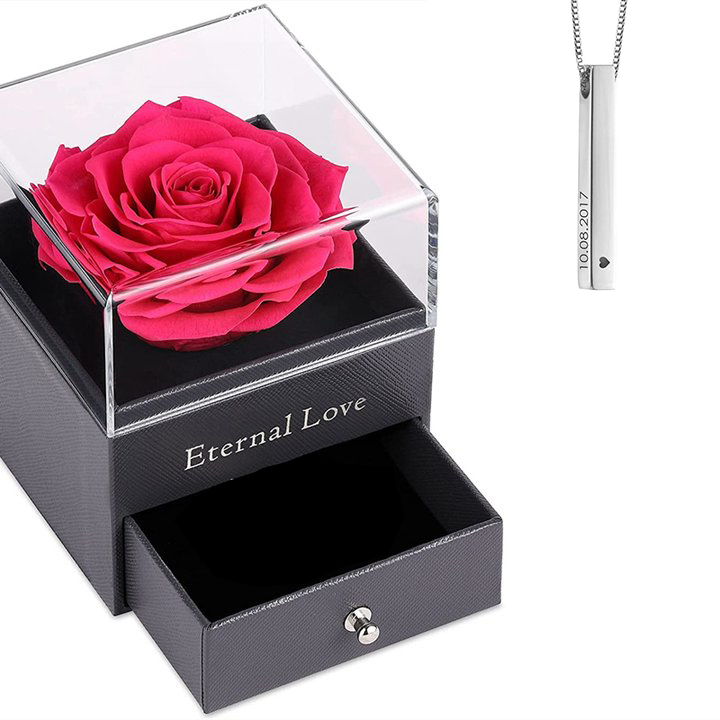 Vangogifts Eternally Preserved Real Roses with Necklace Set - Personalized Vertical 3D Bar Necklace | Best Gift for MOM /Wife/Grandma