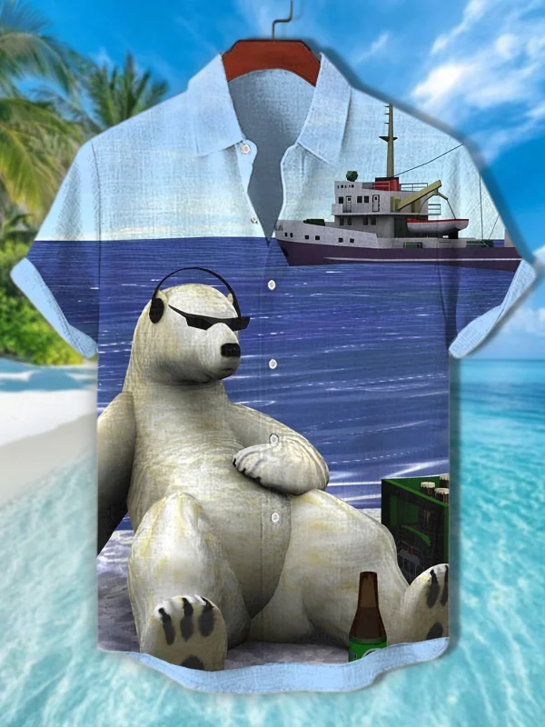 Men'S Polar Bear Listening To Music And Drinking Beer Print Short Sleeve Shirt