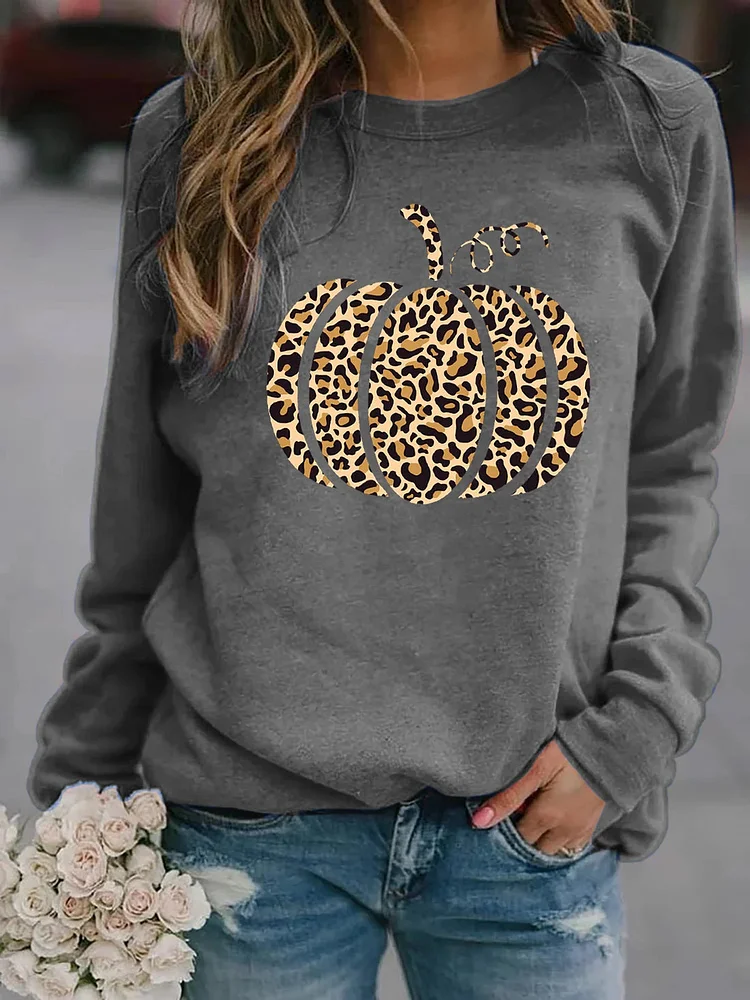 Women's Leopard Pumpkin Print Casual Sweatshirt socialshop