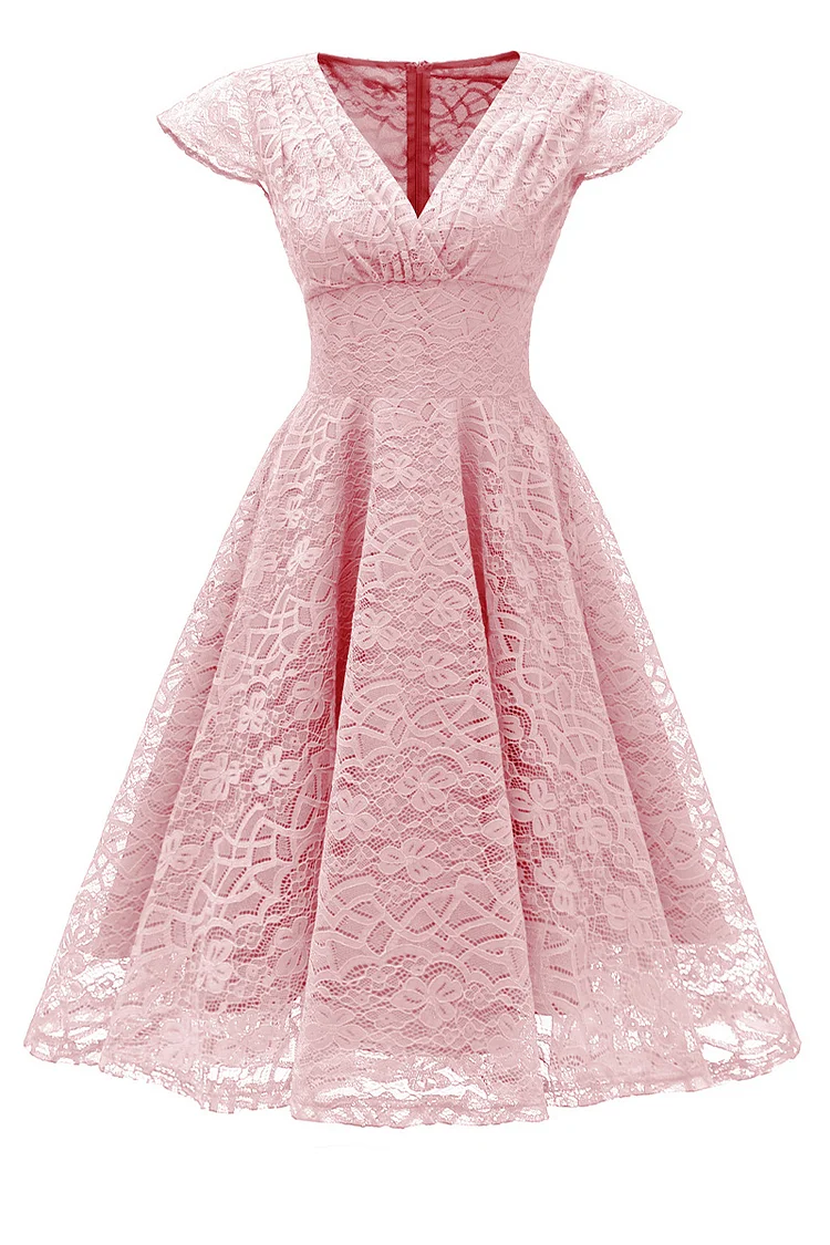 1950s Pink Party Lace V Neck Fitted Bodice A-line Midi Dress