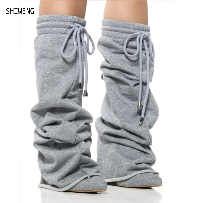 VCSHOES Pants Long Boots Women's Elastic Fabric Thin High Boots Gray Knee High Heel Boots Women's Elastic Band Oversize Shoes Wome