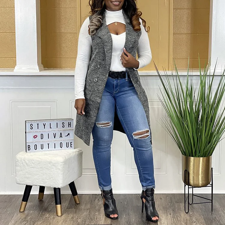 Vefave Casual Solid Double Breasted Vest