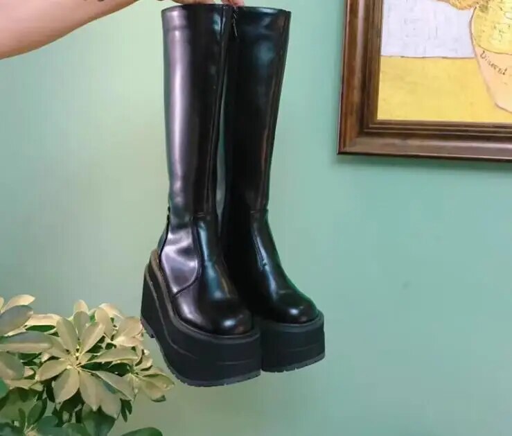VCshoes Women Motorcycle Long Boots Woman High Heels Pumps Lady Knight Boots Girl Punk Dark Boots Martin Boots 11cm 32-47