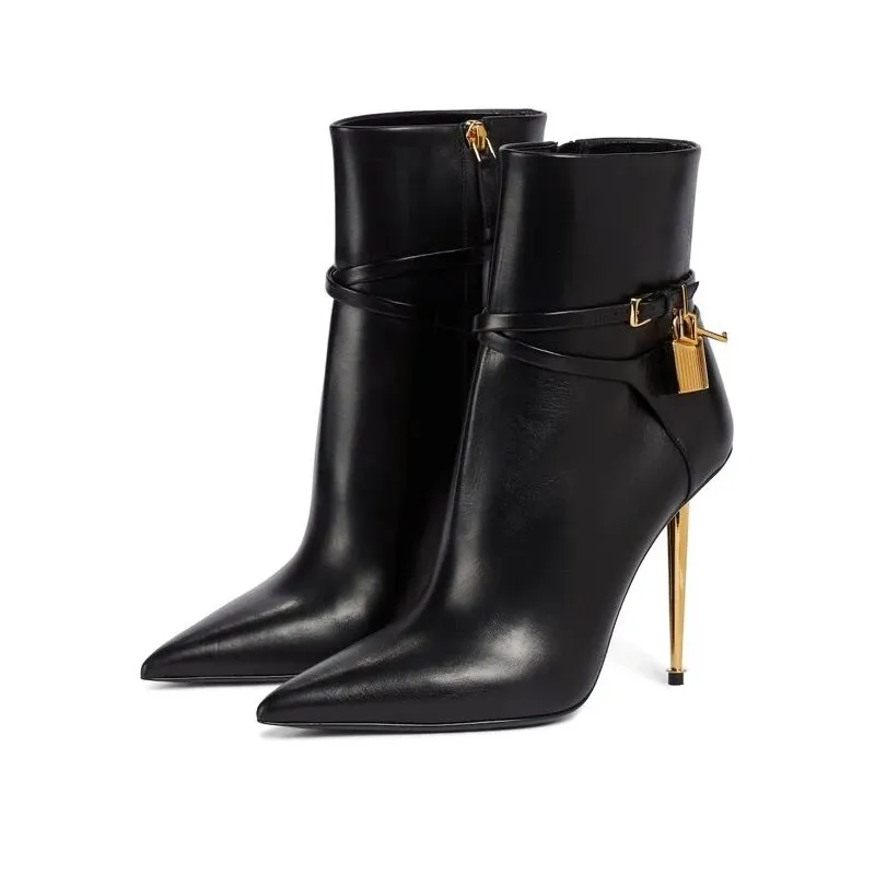 VCSHOES Metal Lock Decorate Ankle Boots Women Gold Stiletto High Heel Pointed Toe Short Booties Zipper Boots