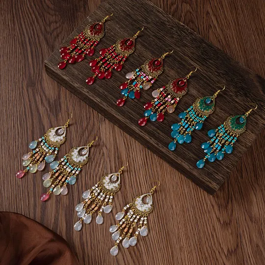 National wind crystal tassel earrings Bohemian temperament earrings retro long shawl accessories a generation of hair women