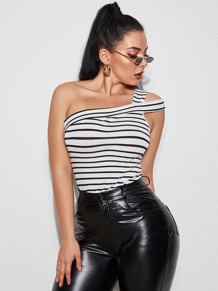 Stripe Print Irregular Collar Sleeveless T-shirt For Women - BlackFridayBuys