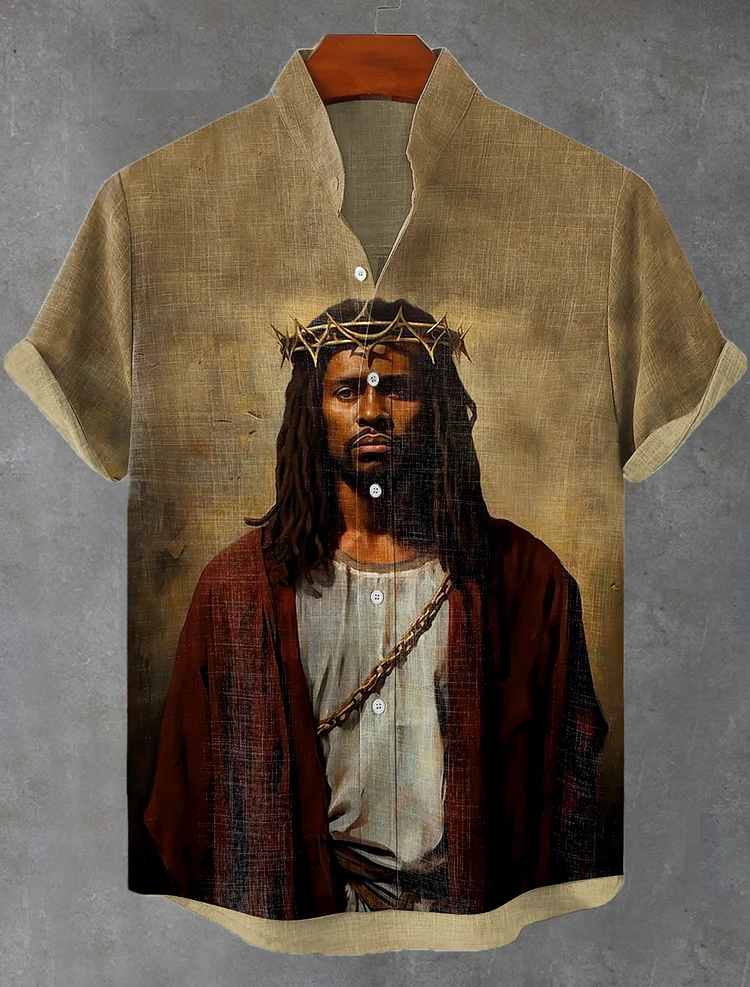 Men's Retro Black Jesus Faith Oil Painting Print Linen Blend Casual Shirt