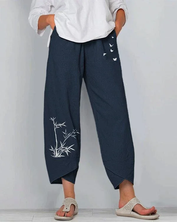 bamboo and butterflies print elastic waist pants for women p207459