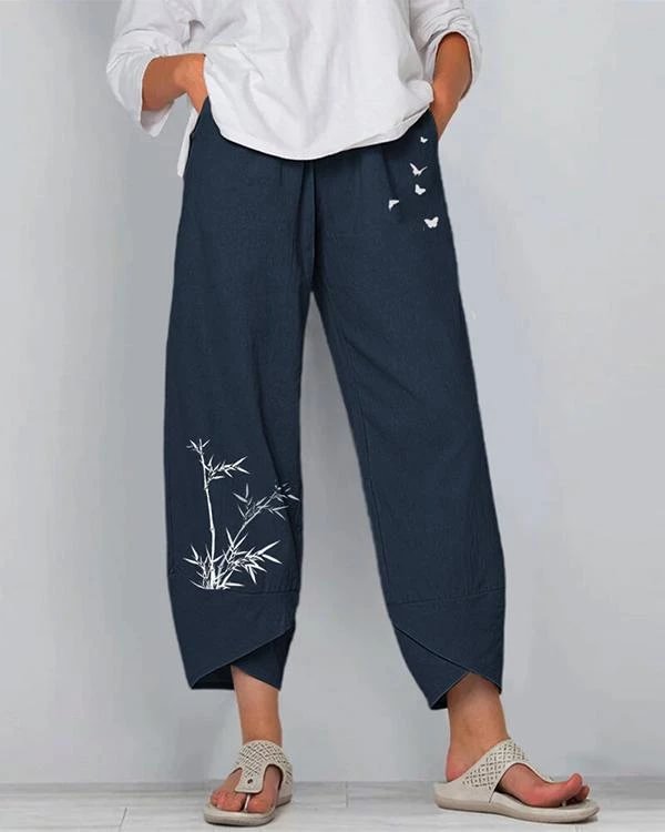 bamboo and butterflies print elastic waist pants for women p207459