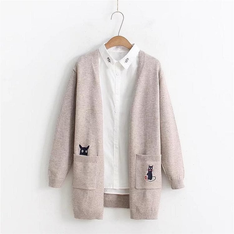 Cute Cat Embriodery Oversize Women Cardigans S12984