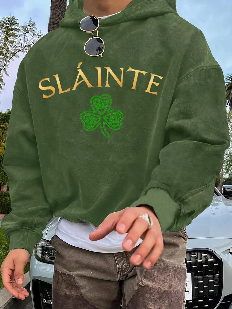 Men's St Patrick's Day Slainte Shamrock Print Long Sleeve Hoodie