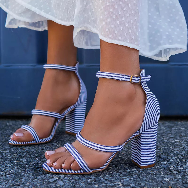 Blue and White Striped Chunky Heel Ankle Strap Summer Sandals|FSJshoes