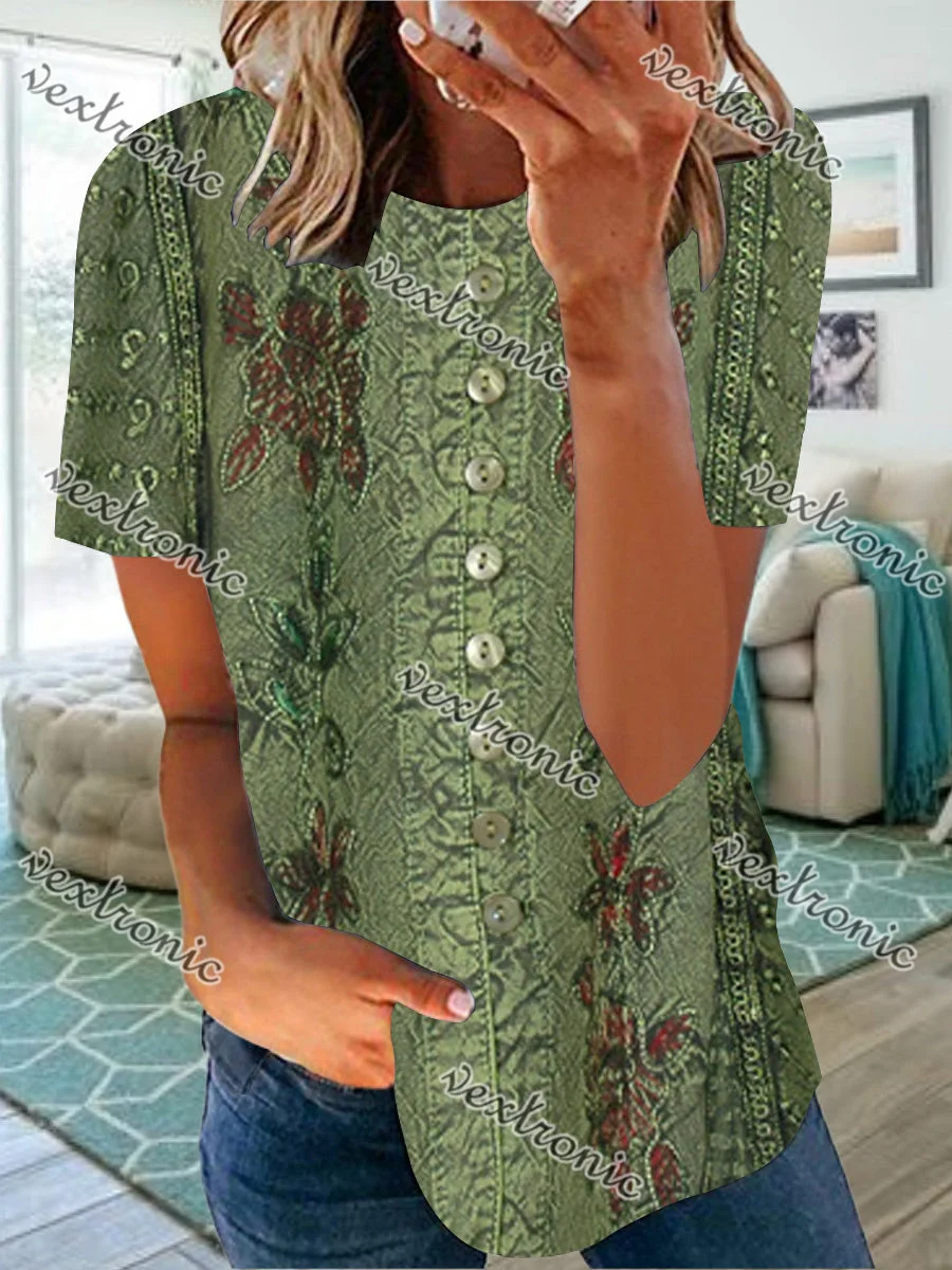 Women's Short Sleeve Scoop Neck Green Floral Printed Top