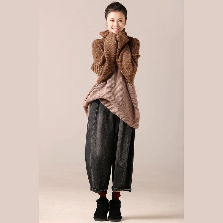 Cute Sweater weather plus size high neck khaki oversized knitwear patchwork