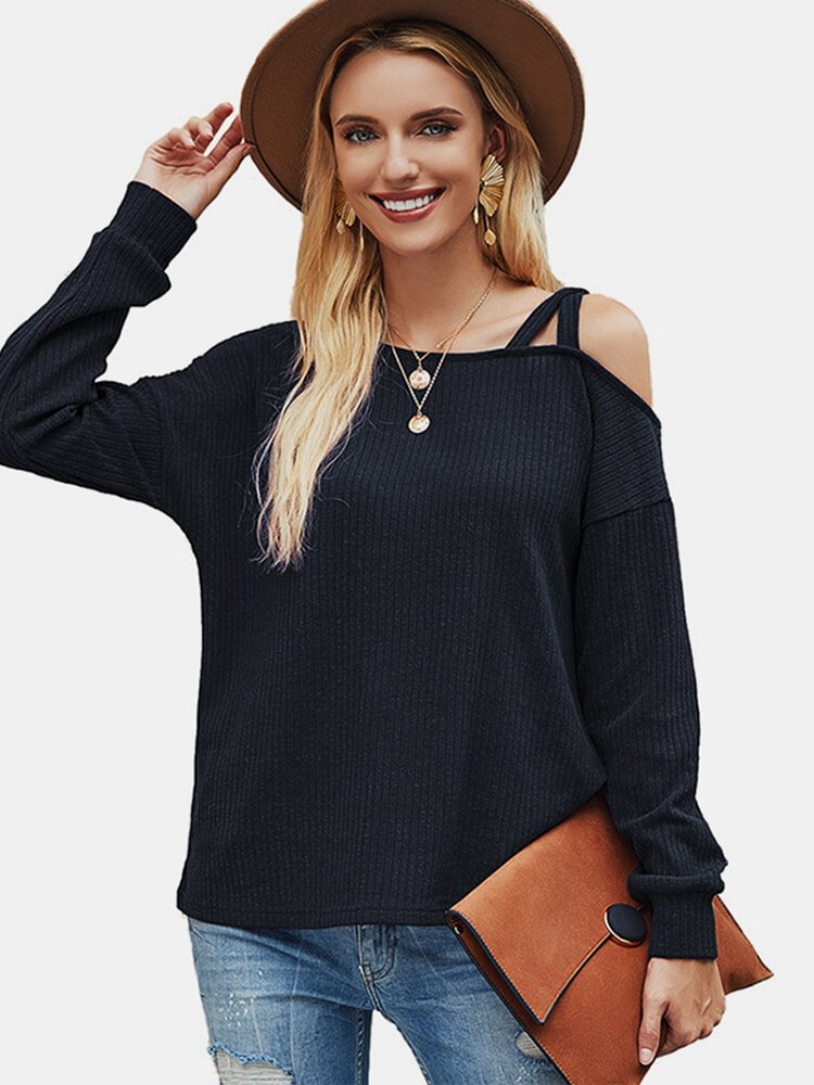 Solid Color Off The Shoulder Long Sleeves Casual T shirt P1720263