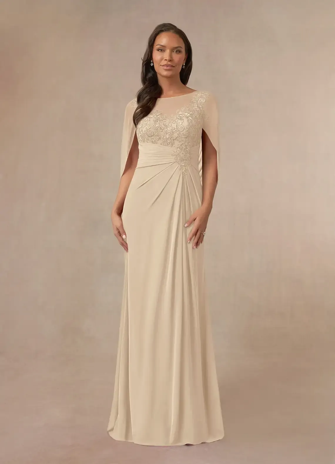 Lussooy Elegant Champagne Chiffon Short Sleeves Embroidery Bateau Neck Mother of The Bride Dress