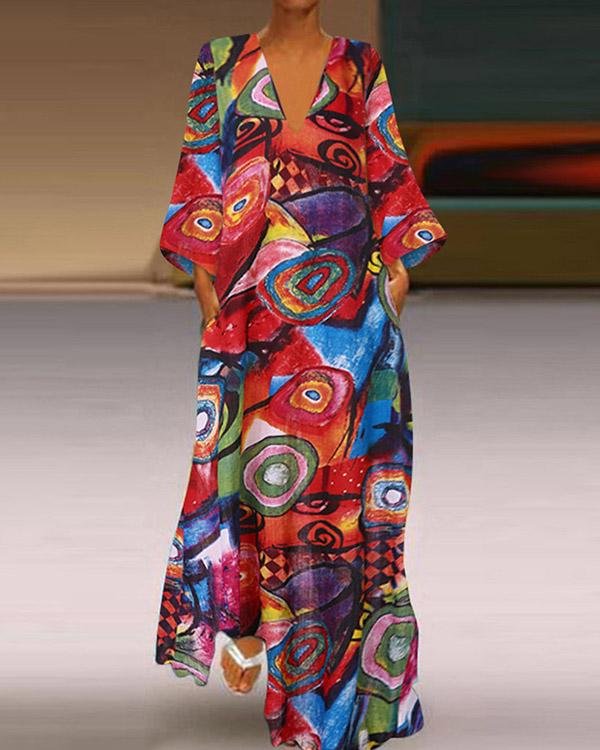 fashion 3 4 sleeve v neck abstract graffiti print dress p414287