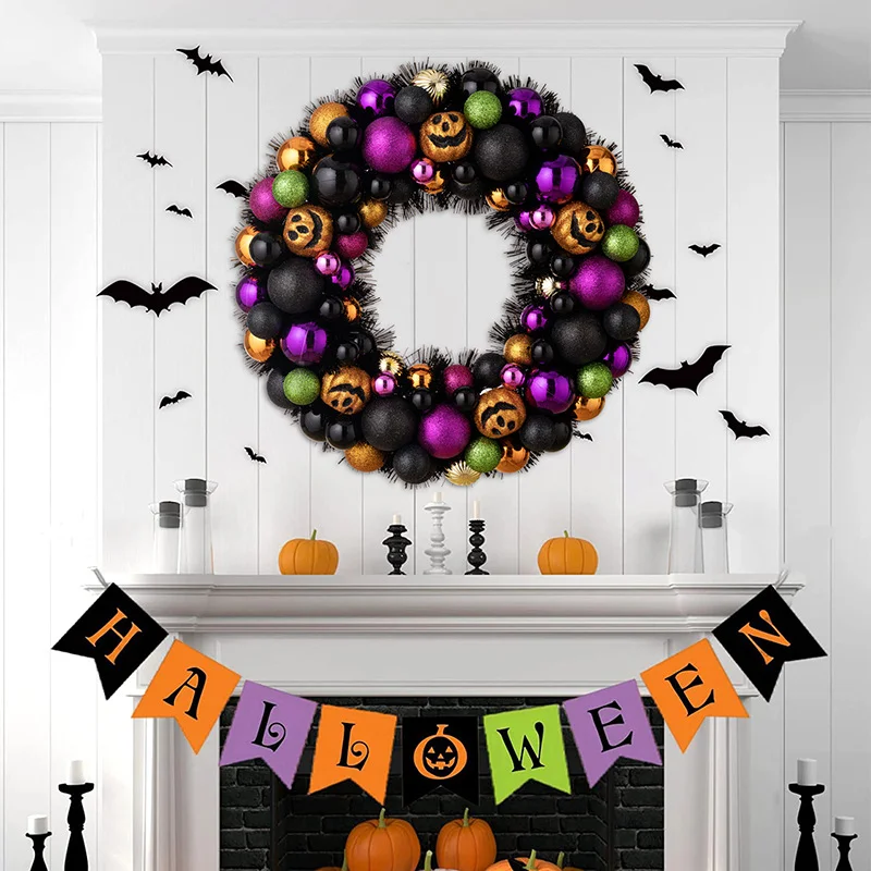 16 Inch Halloween Ball Wreath with Lights Pumpkin Ornament Garland Decoration for Festival Celebration Door Window Wall Home Theme Party Events Gifts